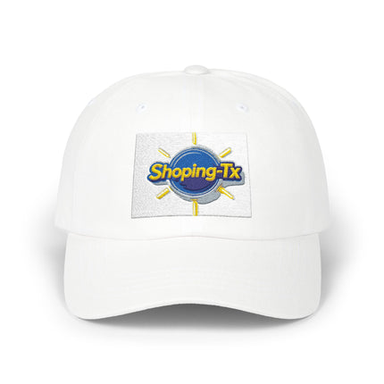 Gorra blanca SHOPING-TX con logo colorido en el frente, diseñada para comodidad y estilo urbano.