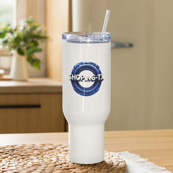 Vaso de acero inoxidable de SHOPING-TX con tapa y popote, ideal para bebidas frías o calientes, sobre mesa de madera.