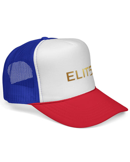 ELIT5 Gold Logo Trucker Cap — Retro Red, White & Blue Mesh Hat