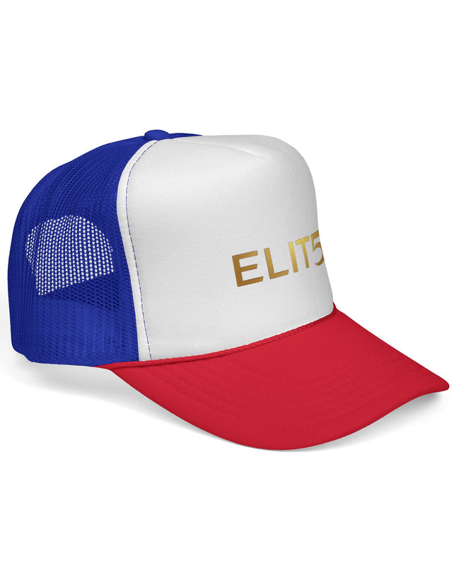 ELIT5 Gold Logo Trucker Cap — Retro Red, White & Blue Mesh Hat