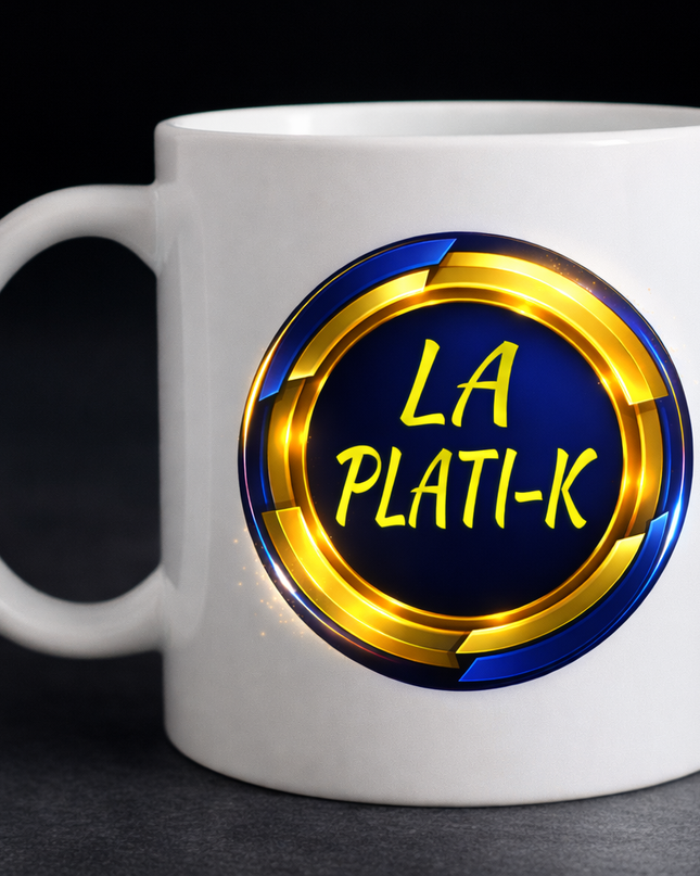 La Plati-K Ceramic Mug - Blue & Yellow Logo Coffee Cup (11oz, 15oz)