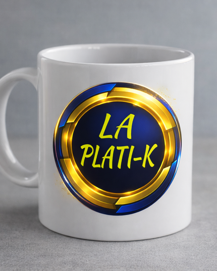 La Plati-K Ceramic Mug - Blue & Yellow Logo Coffee Cup (11oz, 15oz)