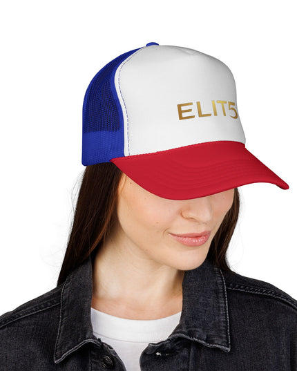 ELIT5 Gold Logo Trucker Cap — Retro Red, White & Blue Mesh Hat