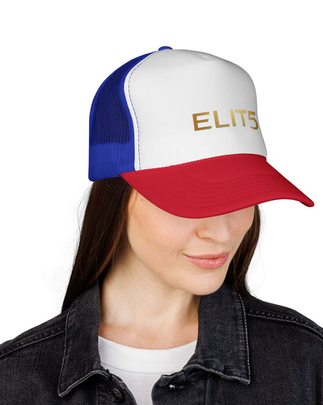 ELIT5 Gold Logo Trucker Cap — Retro Red, White & Blue Mesh Hat