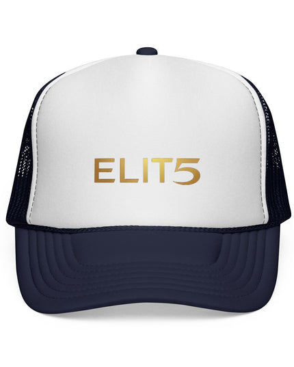 ELIT5 Gold Logo Trucker Cap — Retro Red, White & Blue Mesh Hat