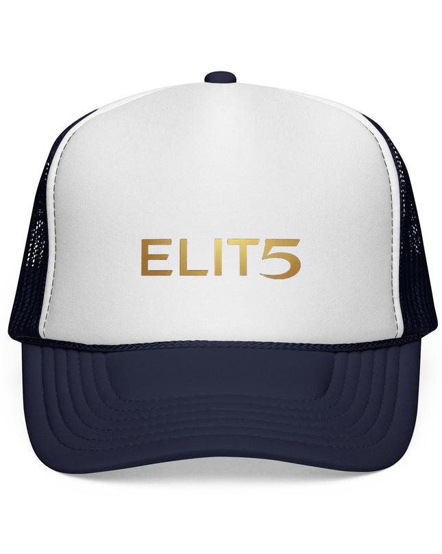 ELIT5 Gold Logo Trucker Cap — Retro Red, White & Blue Mesh Hat