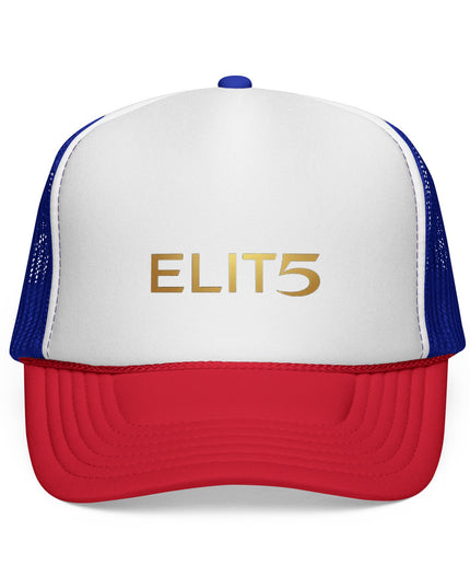 ELIT5 Gold Logo Trucker Cap — Retro Red, White & Blue Mesh Hat