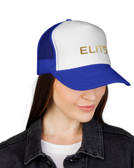 ELIT5 Gold Logo Trucker Cap — Retro Red, White & Blue Mesh Hat