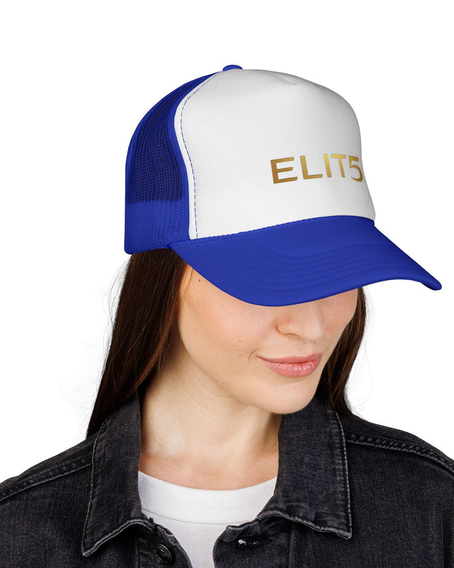 ELIT5 Gold Logo Trucker Cap — Retro Red, White & Blue Mesh Hat