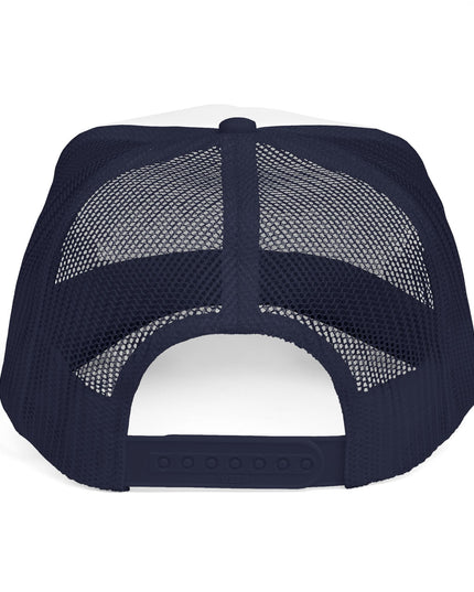 ELIT5 Gold Logo Trucker Cap — Retro Red, White & Blue Mesh Hat