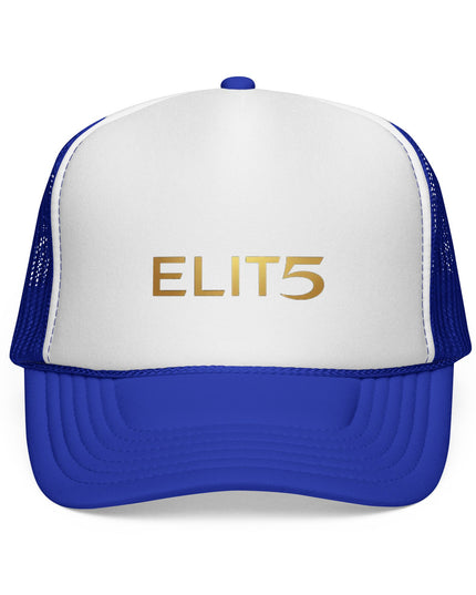 ELIT5 Gold Logo Trucker Cap — Retro Red, White & Blue Mesh Hat