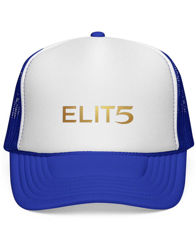 ELIT5 Gold Logo Trucker Cap — Retro Red, White & Blue Mesh Hat