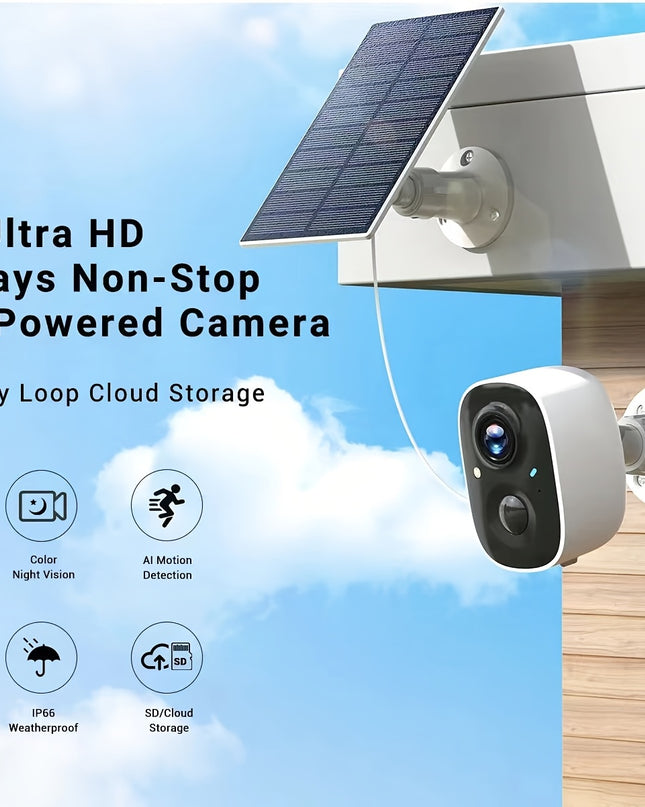 2K Solar Camera Outdoor Wireless, 2.4GWiFi Cameras for Home Security with Solar Panel, 5200mAh Battery, Spotlight Color Night Vision, AI Motion Detection, Siren Alarm, 2-Way Talk, IP66, Cloud/SD Storage EasyInstallation for H