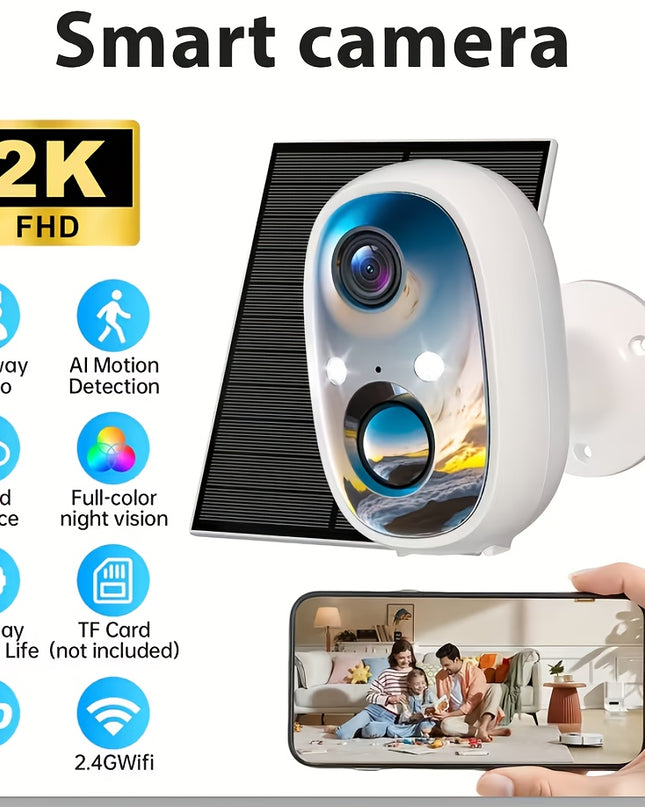 2K Solar Camera Outdoor Wireless, 2.4GWiFi Cameras for Home Security with Solar Panel, 5200mAh Battery, Spotlight Color Night Vision, AI Motion Detection, Siren Alarm, 2-Way Talk, IP66, Cloud/SD Storage EasyInstallation for H