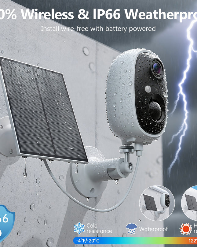2K Solar Camera Outdoor Wireless, 2.4GWiFi Cameras for Home Security with Solar Panel, 5200mAh Battery, Spotlight Color Night Vision, AI Motion Detection, Siren Alarm, 2-Way Talk, IP66, Cloud/SD Storage EasyInstallation for H