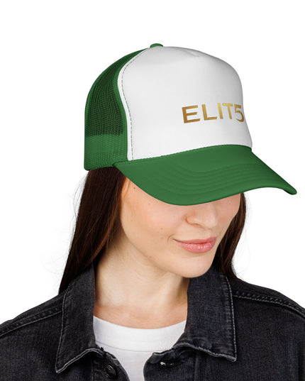ELIT5 Gold Logo Trucker Cap — Retro Red, White & Blue Mesh Hat