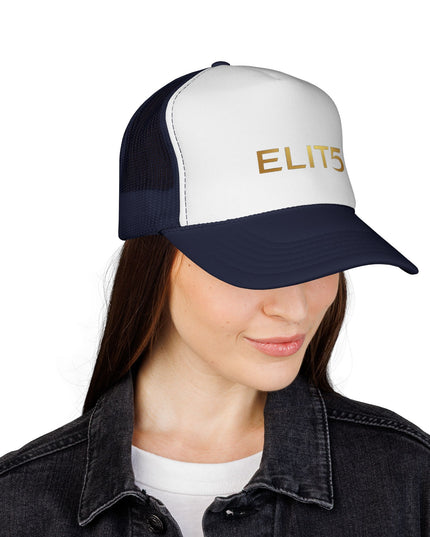 ELIT5 Gold Logo Trucker Cap — Retro Red, White & Blue Mesh Hat