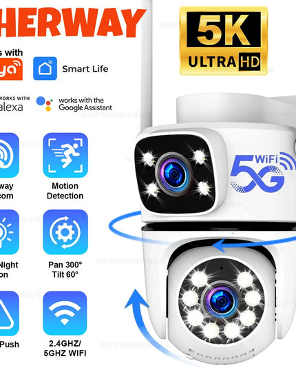 Tuya 5K 10MP WIFI IP Camera Outdoor 5G Wifi Dual Lens PTZ Cam Onvif CCTV Surveillance AI Tracking Alexa/Goggle Security Camera