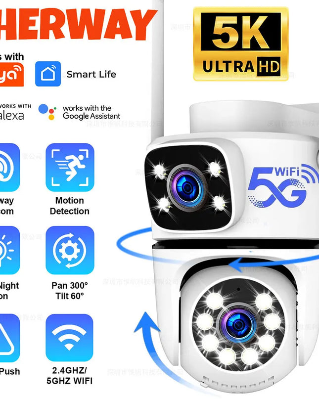Tuya 5K 10MP WIFI IP Camera Outdoor 5G Wifi Dual Lens PTZ Cam Onvif CCTV Surveillance AI Tracking Alexa/Goggle Security Camera