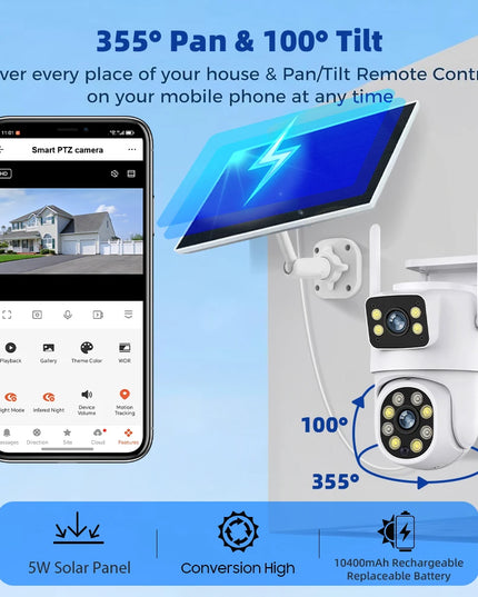 Tuya Smart 4MP+4MP 8MP Dual Lens Battery Solar WiFi Dual Screen Human Motion Tracking Outdoor Security Surveillance FHD Camera