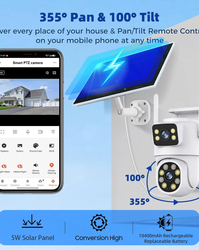 Tuya Smart 4MP+4MP 8MP Dual Lens Battery Solar WiFi Dual Screen Human Motion Tracking Outdoor Security Surveillance FHD Camera