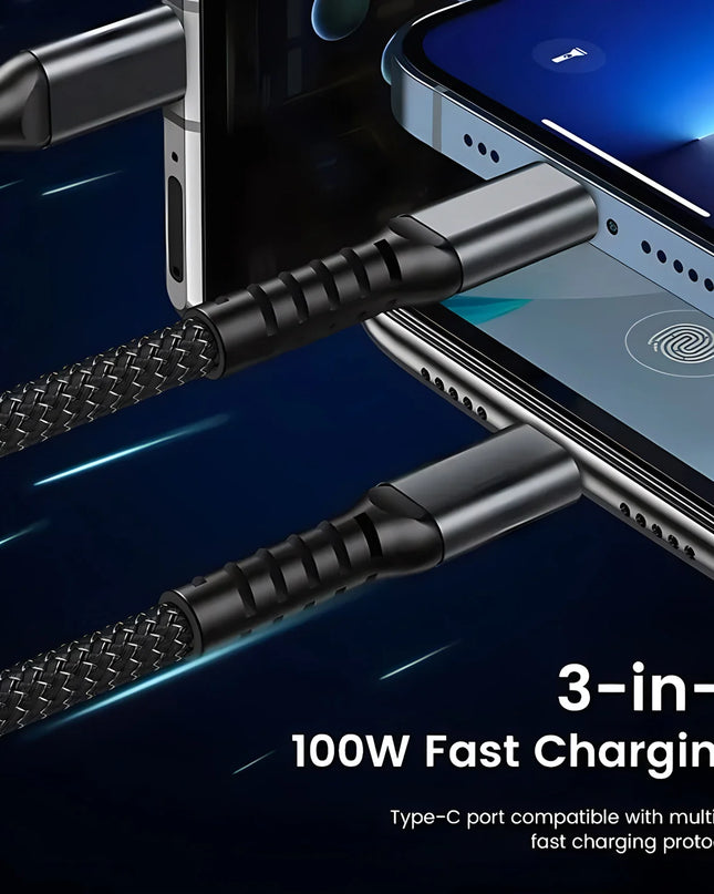 100W Fast Charging Cable Multi Charger Cable Nylon Braided Multiple USB Universal 3 in 1 Charging Cord Adapter with Type-C Micro
