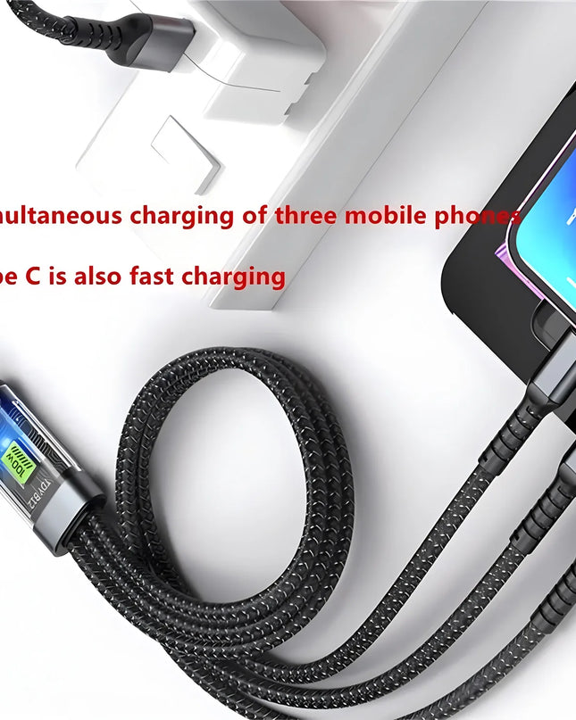 100W Fast Charging Cable Multi Charger Cable Nylon Braided Multiple USB Universal 3 in 1 Charging Cord Adapter with Type-C Micro