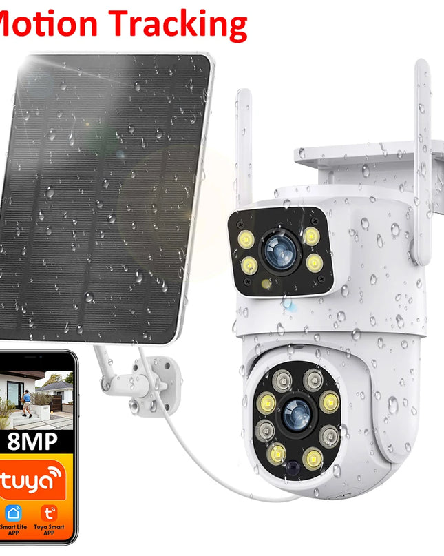 Tuya Smart 4MP+4MP 8MP Dual Lens Battery Solar WiFi Dual Screen Human Motion Tracking Outdoor Security Surveillance FHD Camera