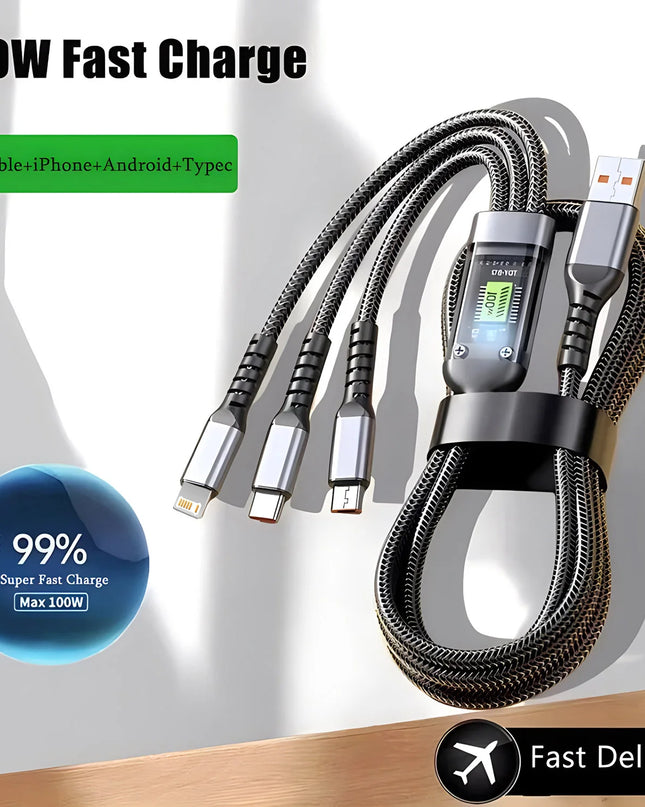 100W Fast Charging Cable Multi Charger Cable Nylon Braided Multiple USB Universal 3 in 1 Charging Cord Adapter with Type-C Micro