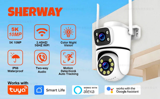 Tuya 5K 10MP WIFI IP Camera Outdoor 5G Wifi Dual Lens PTZ Cam Onvif CCTV Surveillance AI Tracking Alexa/Goggle Security Camera