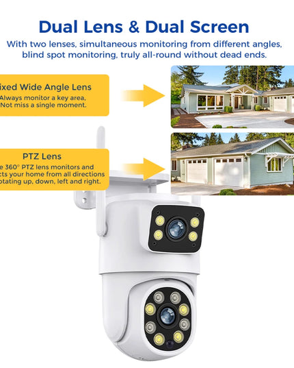 Tuya Smart 4MP+4MP 8MP Dual Lens Battery Solar WiFi Dual Screen Human Motion Tracking Outdoor Security Surveillance FHD Camera