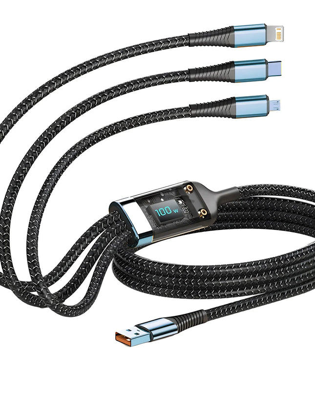 100W Fast Charging Cable Multi Charger Cable Nylon Braided Multiple USB Universal 3 in 1 Charging Cord Adapter with Type-C Micro