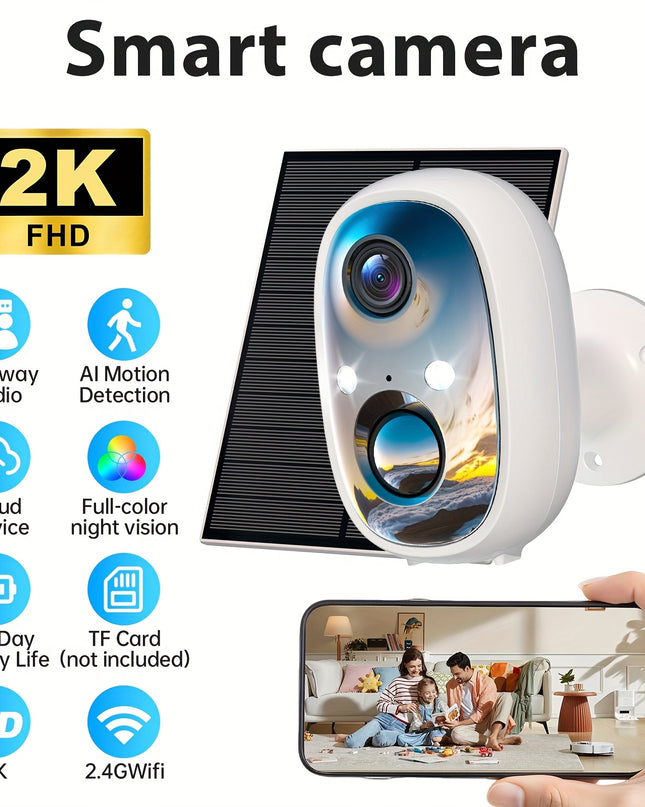 2K Solar Camera Outdoor Wireless, 2.4GWiFi Cameras for Home Security with Solar Panel, 5200mAh Battery, Spotlight Color Night Vision, AI Motion Detection, Siren Alarm, 2-Way Talk, IP66, Cloud/SD Storage EasyInstallation for H
