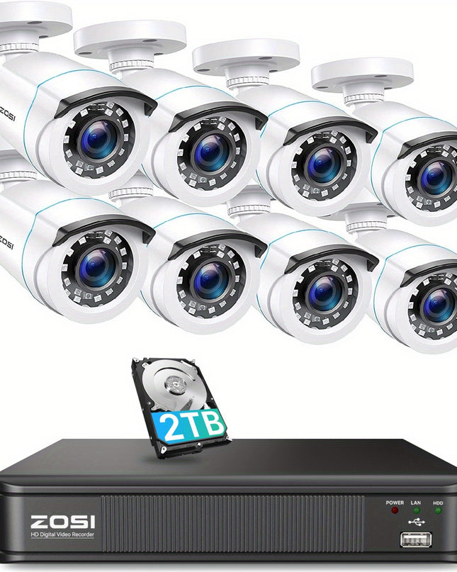 ZOSI 8 x 1080P 1920TVL Surveillance Cameras Indoor Outdoor & 8CH 2MP Security Camera System with AI Human/Vehicle Detection, Person Vehicle Detection, Night Vision, Remote Access, Pre-installed 2TB Hard Drive, Property Protec