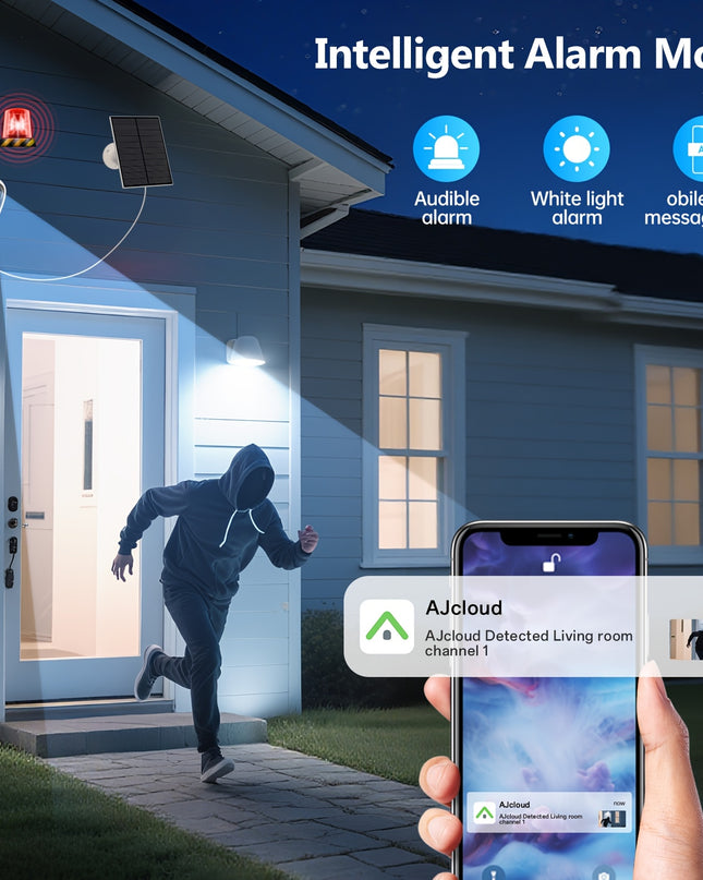 2K Solar Camera Outdoor Wireless, 2.4GWiFi Cameras for Home Security with Solar Panel, 5200mAh Battery, Spotlight Color Night Vision, AI Motion Detection, Siren Alarm, 2-Way Talk, IP66, Cloud/SD Storage EasyInstallation for H